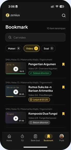 Bookmarked videos