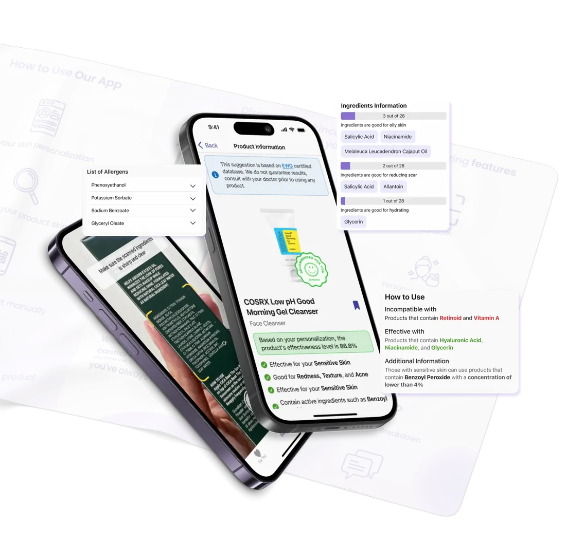 SkinSense app screens