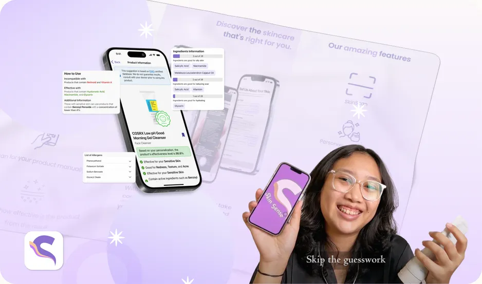 SkinSense demo video: the app on an iPhone and Shelamines holding a skincare product